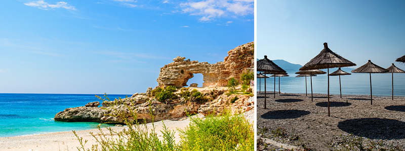 Kustparadiset Dhërmi med stränder och parasol i Albanien.