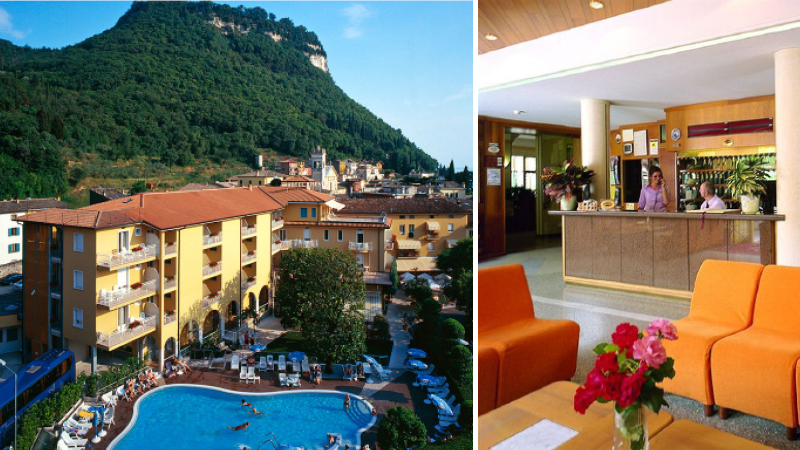 Frontbild och lobbybild av Hotel Bisesti på resa till Gardasjön.