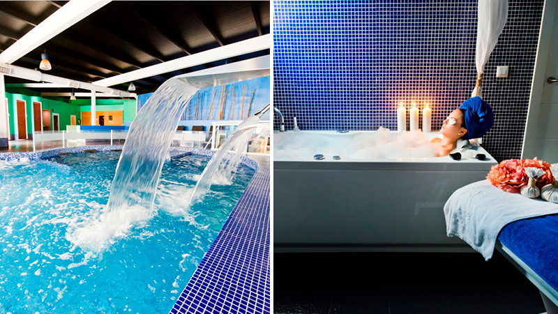 Spaavdelning med badkar och massagebänk på hotell Bahia Tropical i Almunecar, Andalusien.